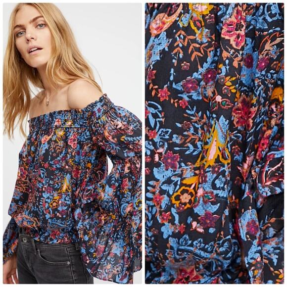 Free People Women's Off the Shoulder Ruffle trim Spirit Top Size Small‎ - Picture 1 of 6